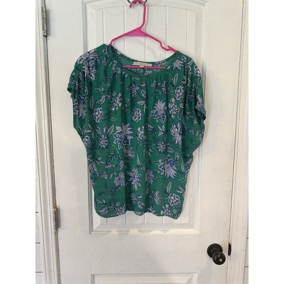 LOFT Tops - LOFT Women S Green Blue Floral Boho Ruched Cap Sleeves Mixed Media Blouse